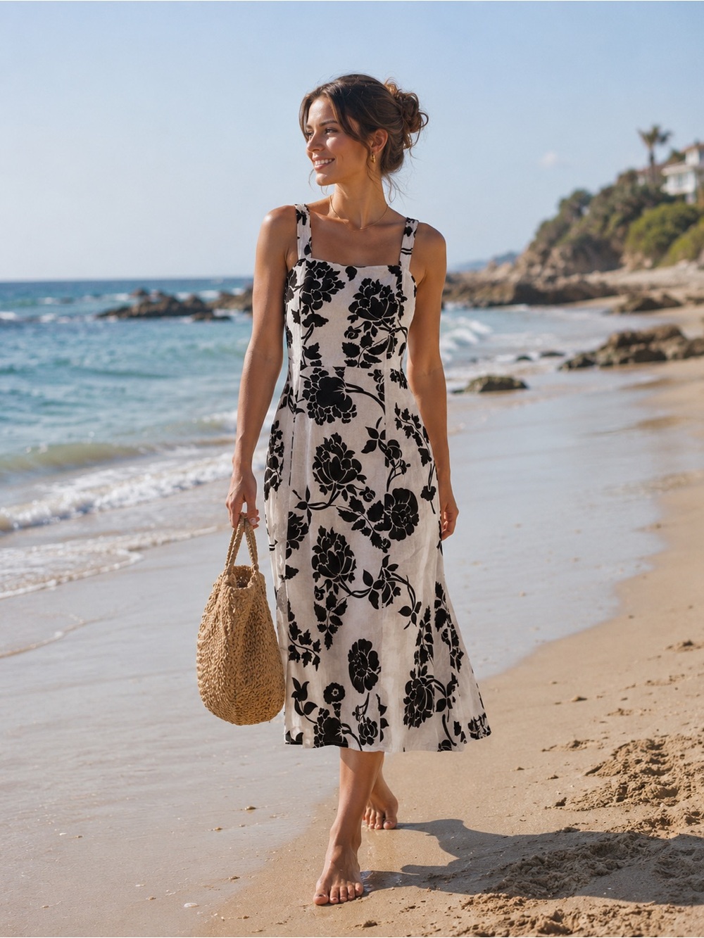 Spighe Di Lino White & Black Floral Linen Dress – Made in Italy, Size Small